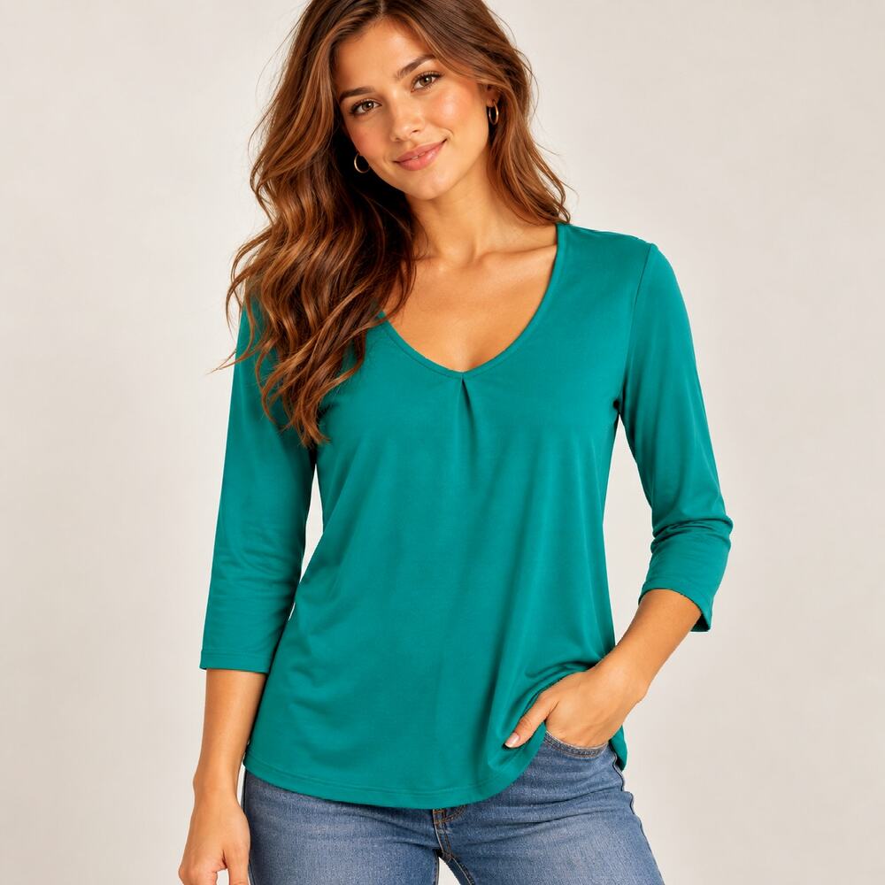 Susan Graver Liquid Knit Blouse Women's Size M Green Minimalist Casual Office